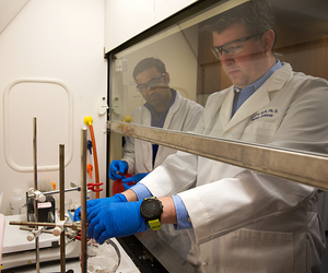 Jeffrey North, PhD and Amitkumar Pandya, PhD in a lab