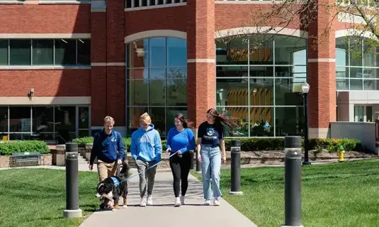Four people walking service dog on campus.