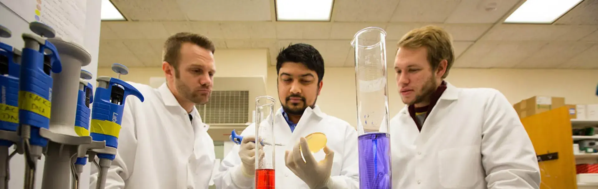 Dental research testing with three researchers in lab.