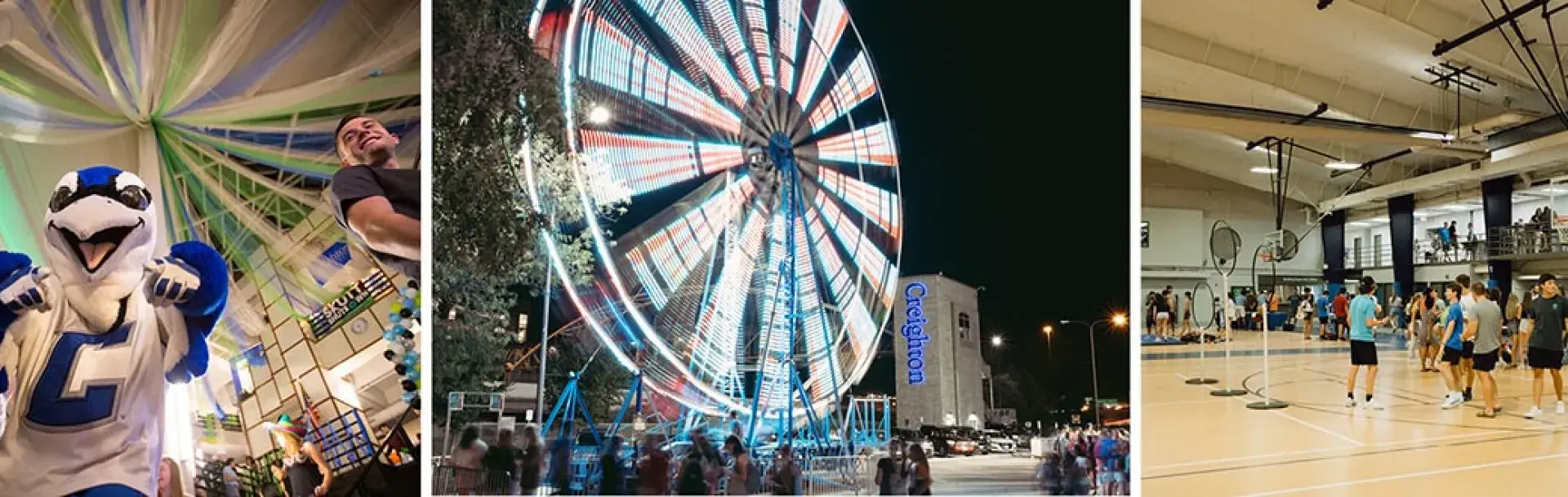 Three photo collage of Billy Bluejay at fun activity, a Ferris wheel and students playing in gym.