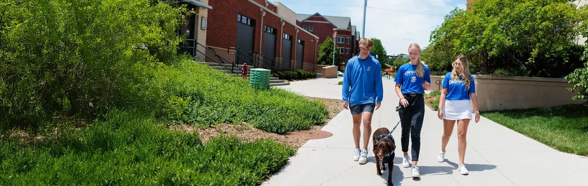 Students walking on campus with wellness dog.