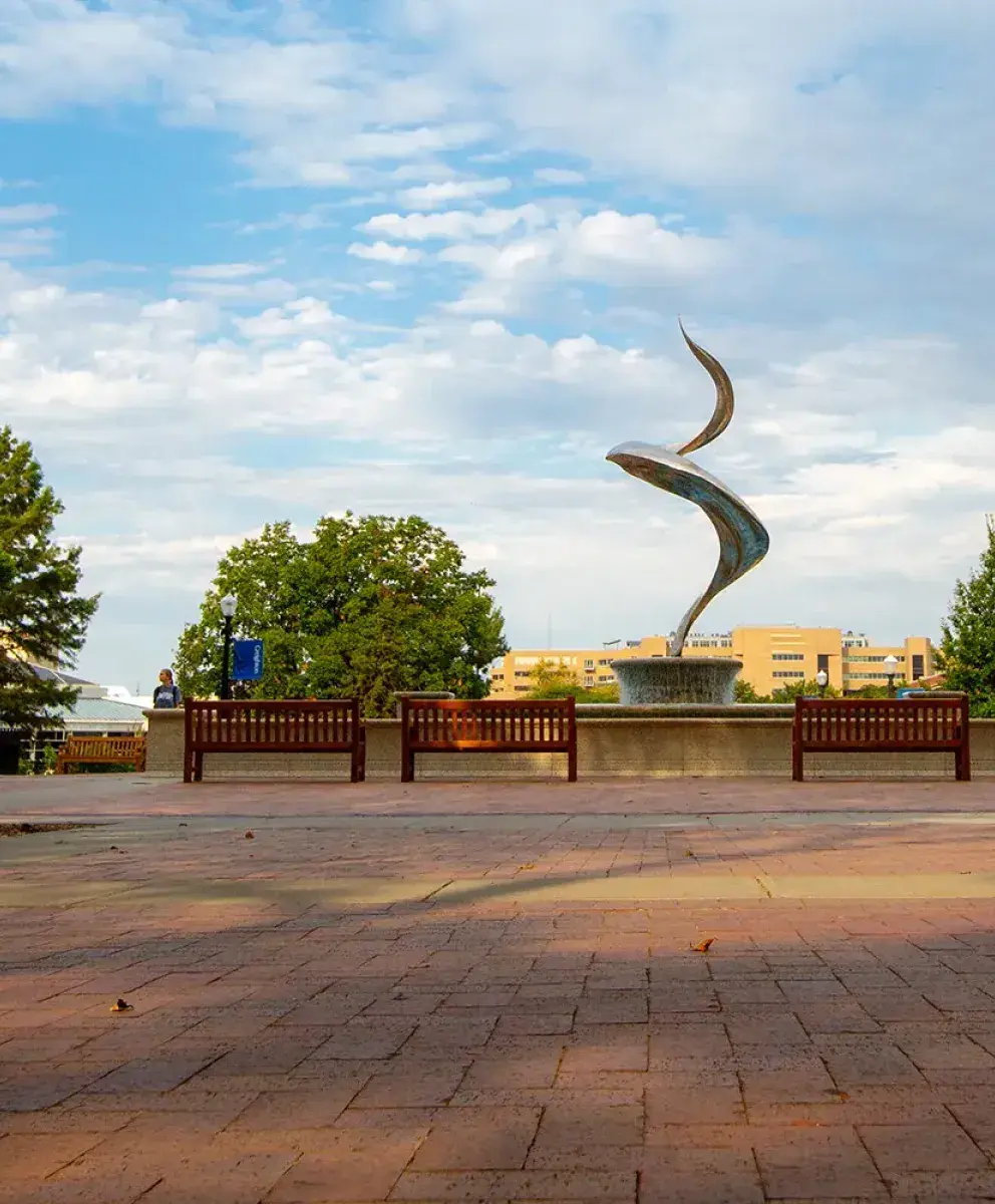 Common area and fountain on campus