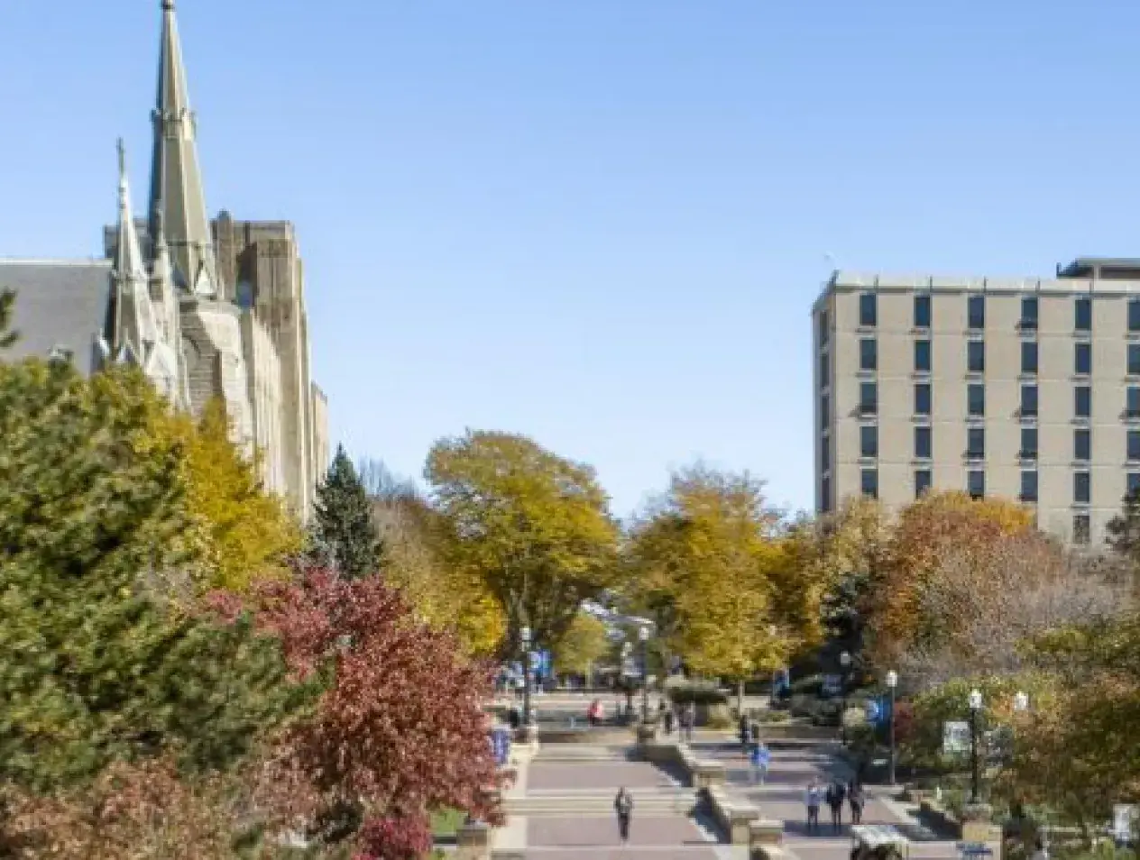 Creighton campus corridor with St. John's church