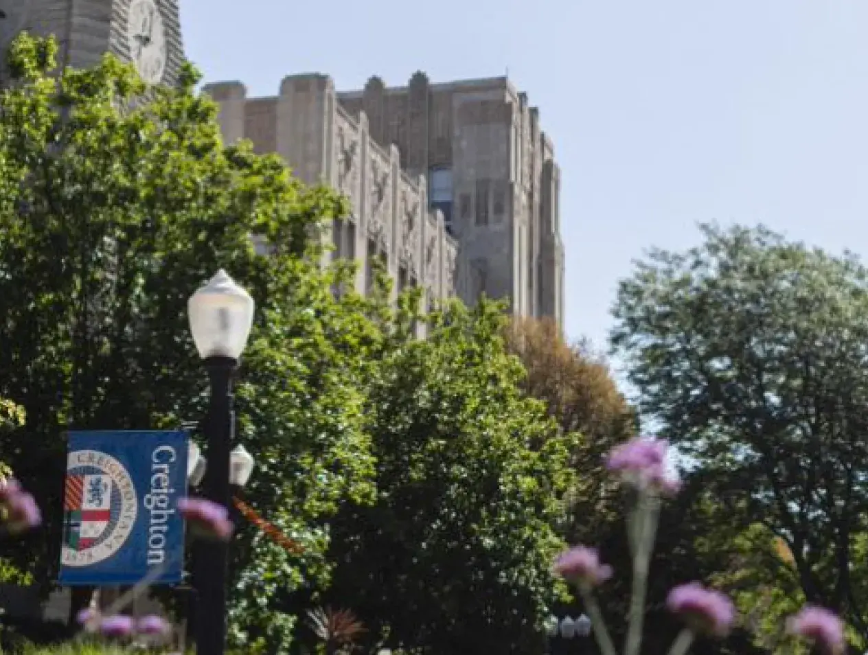 Creighton campus with banner signage and purple flowers