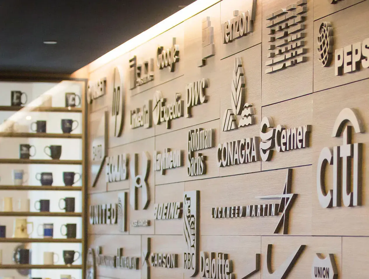 The employer logo wall in Harper Center