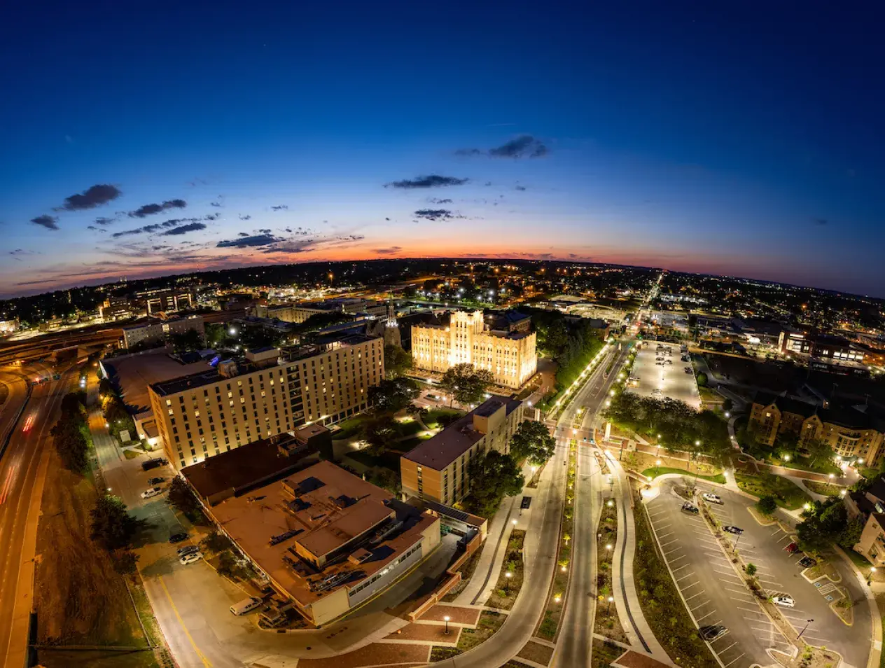 Creighton campus and Omaha streets with fish eye horizon