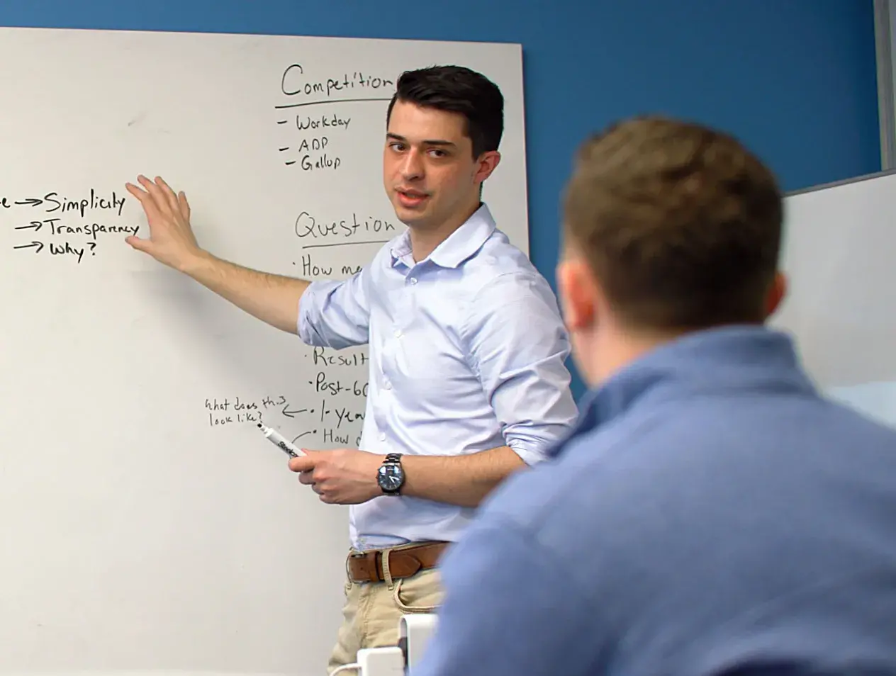 Student at white board explaining marketing plan to client.