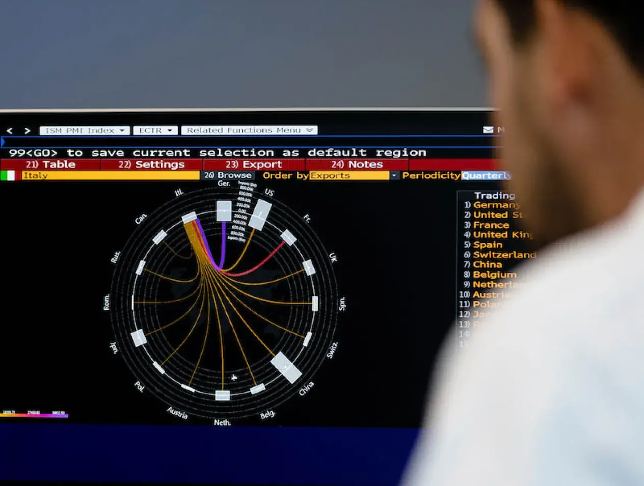 Person studying financial data on terminal screen.