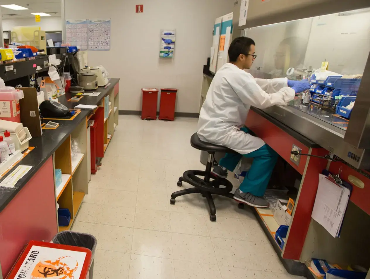 pathology resident in lab