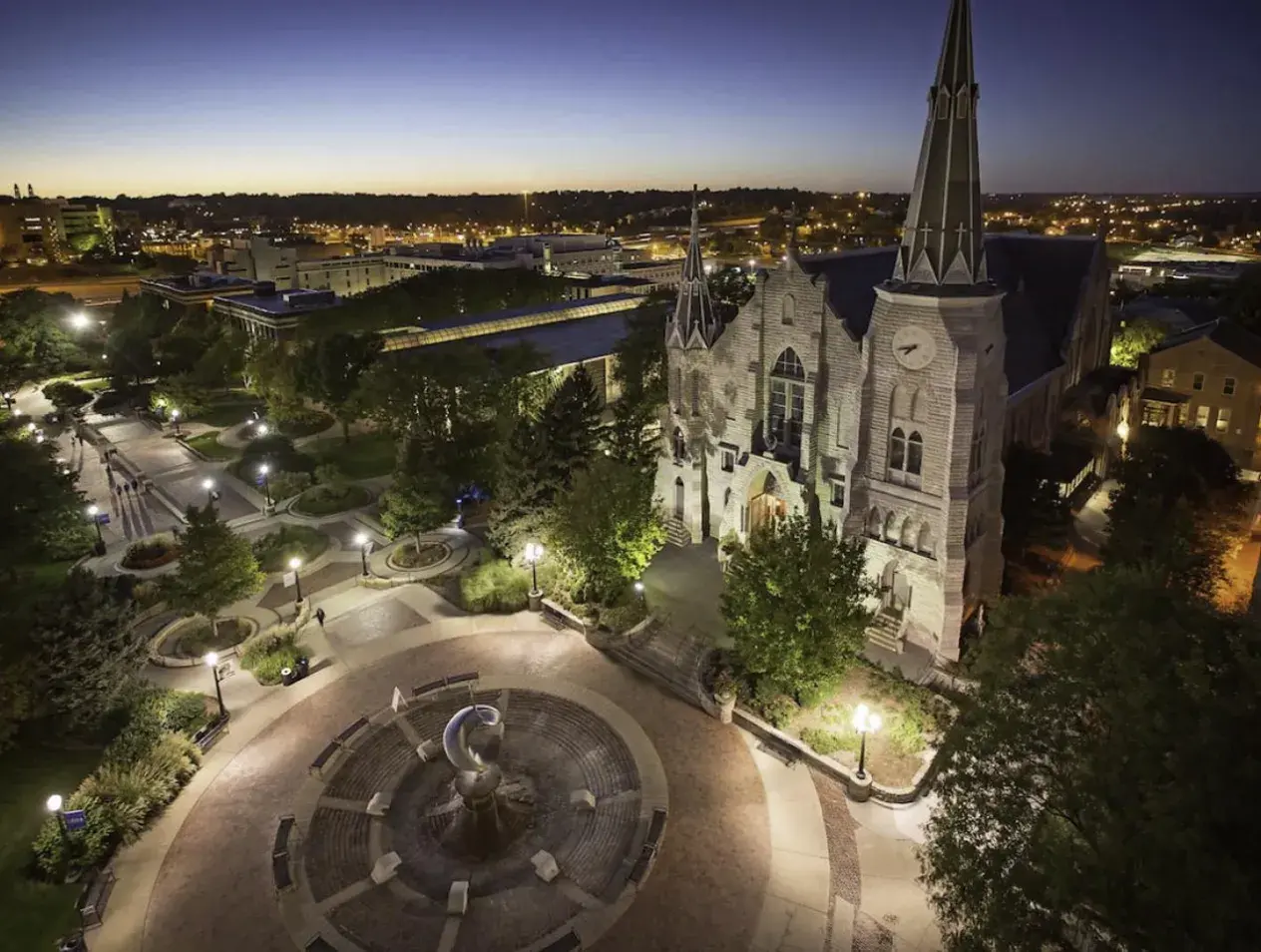 Creighton campus overhead shot of St. John's church at night