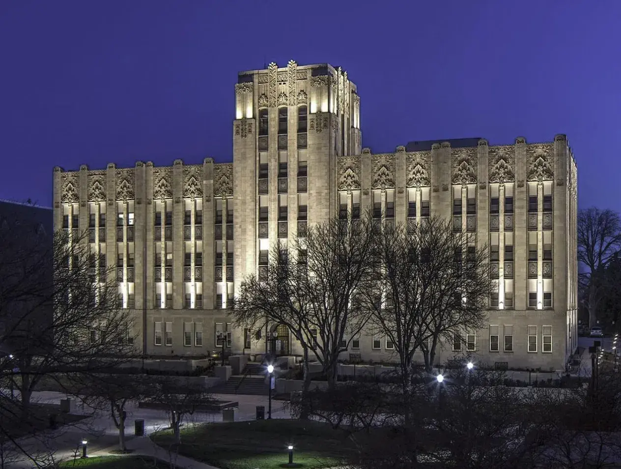 Creighton Hall lit up at night