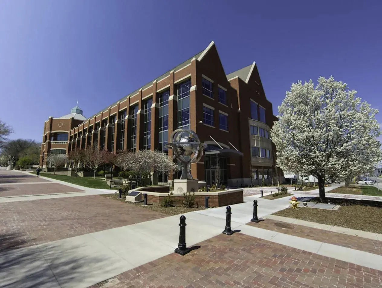 Harper Center Exterior with blossoming tree