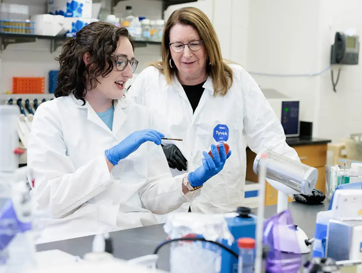 Two people discussing petri dish