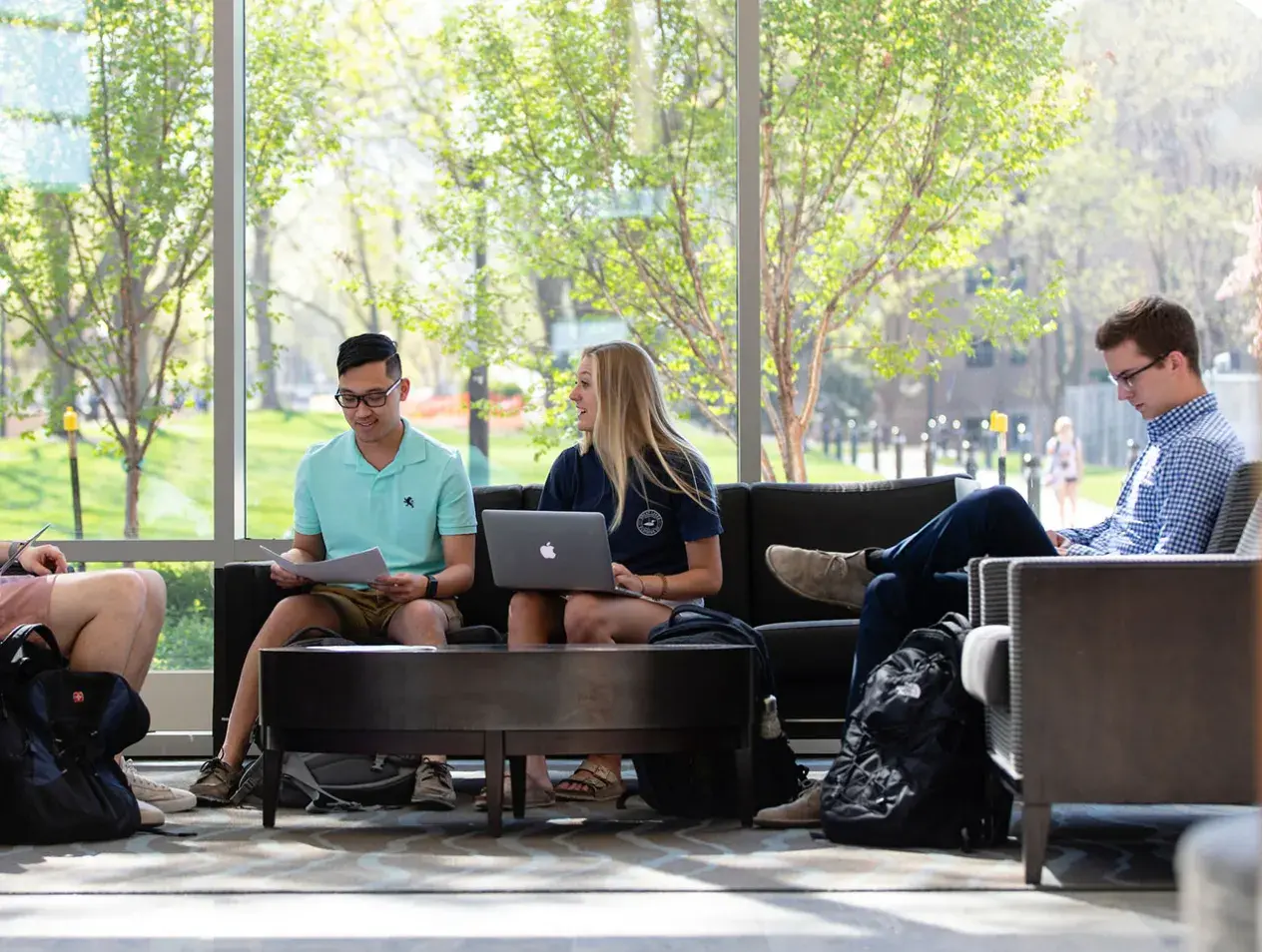 Students studying together in lounge area.