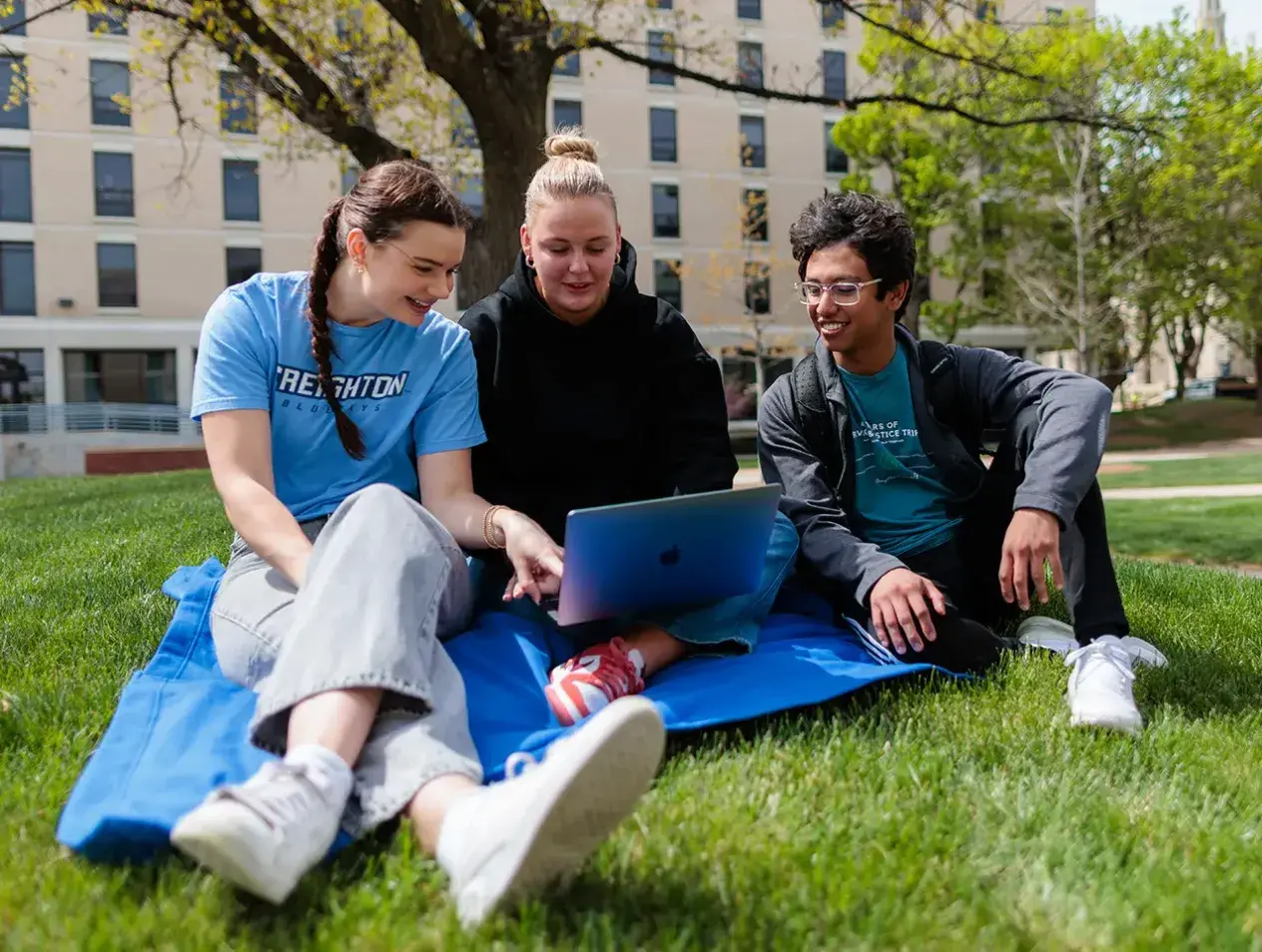 Students studying together on campus green space.