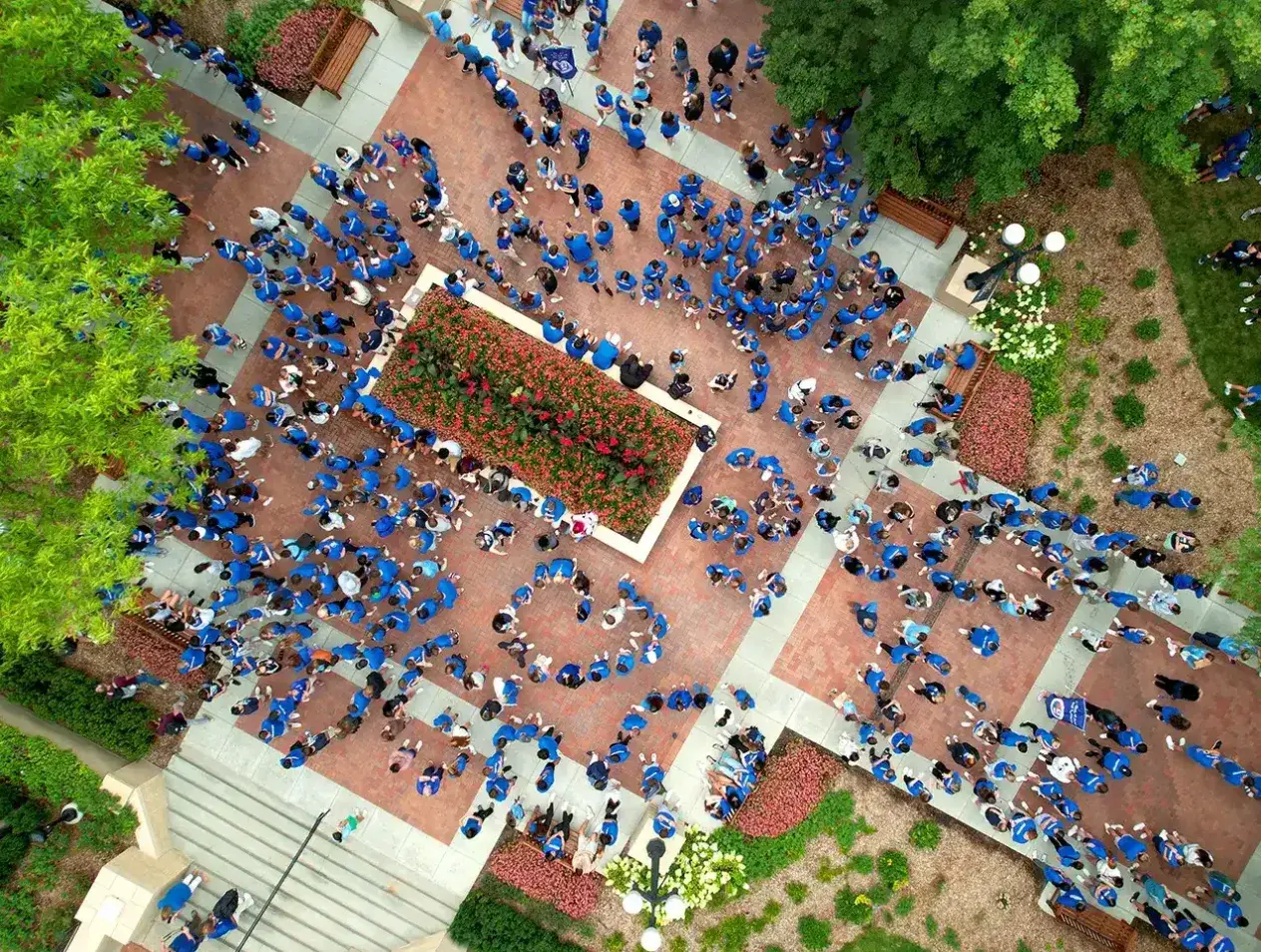 Overhead shot of gathering on Creighton mall.