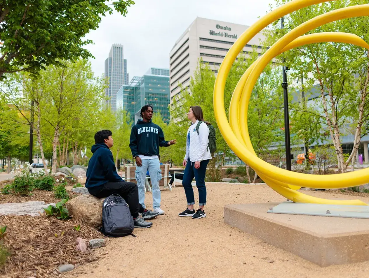 Students gathering in downtown Omaha area.