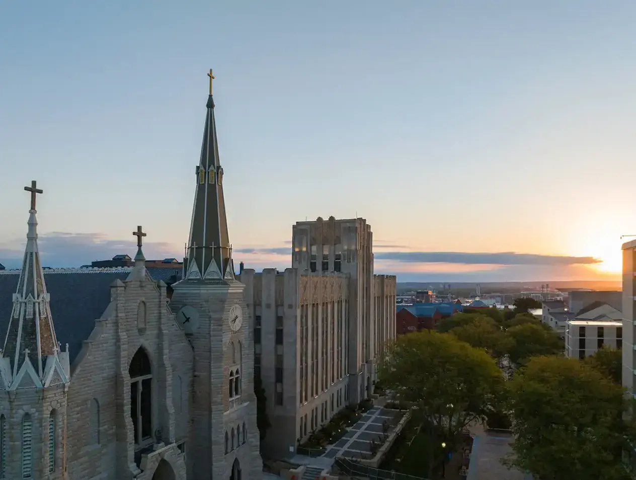 Exterior of St. John's church at daybreak.