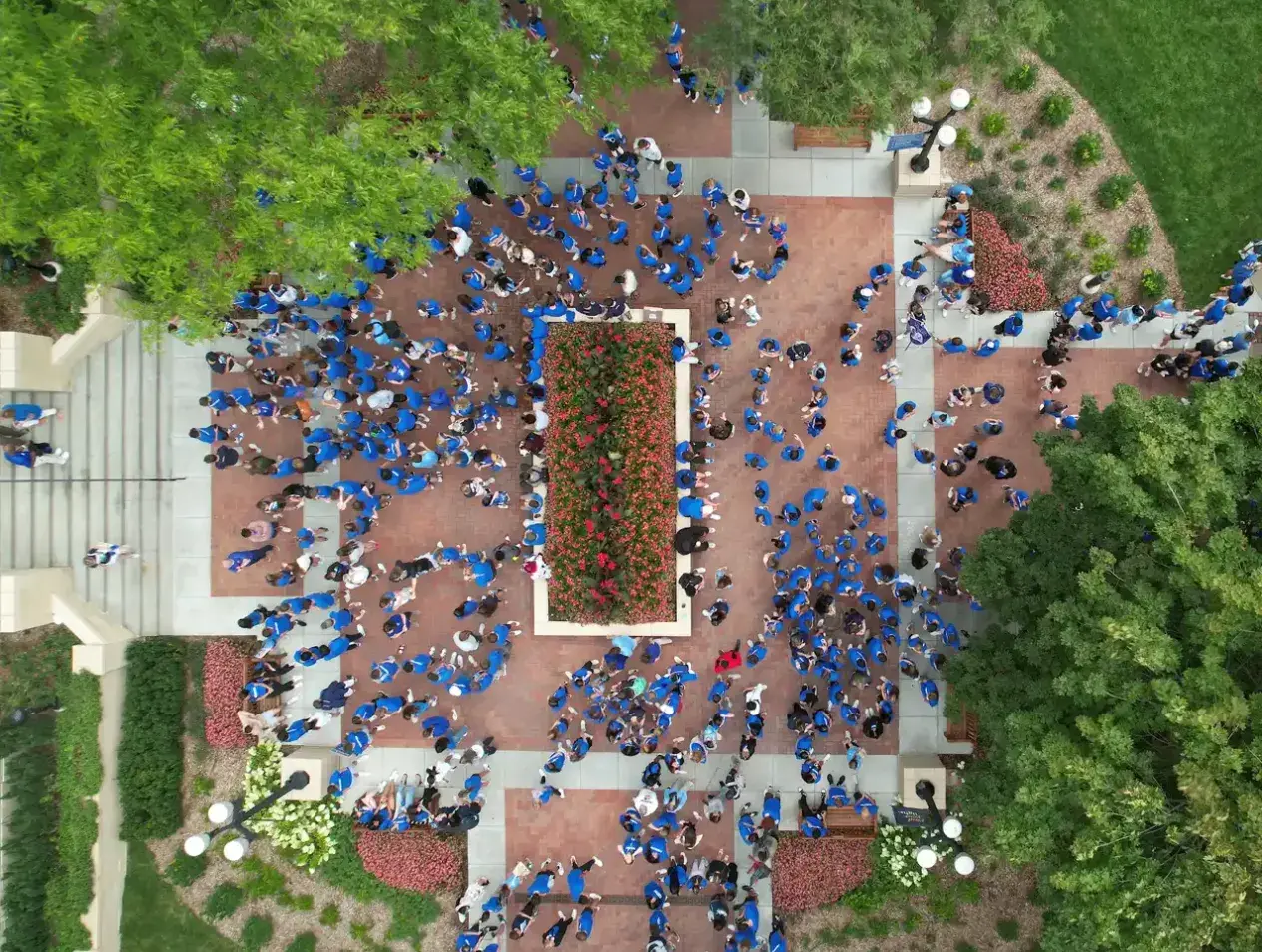 Students gathered together on campus mall.