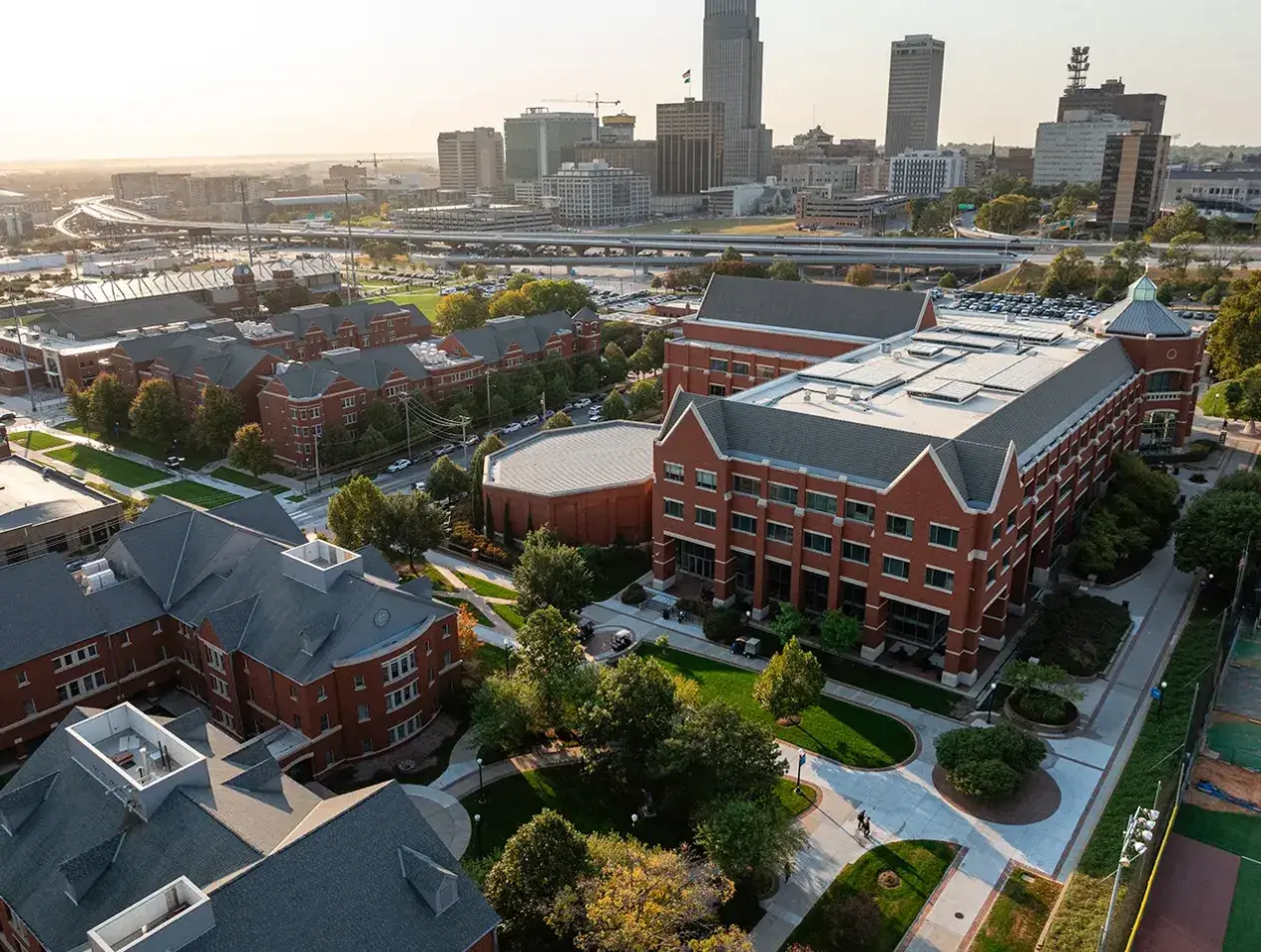 Creighton campus with Omaha skyline in background