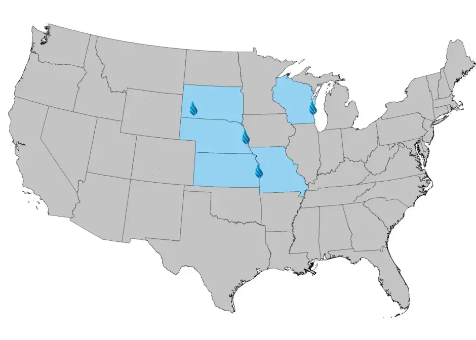 Map of United States with markers on four cities