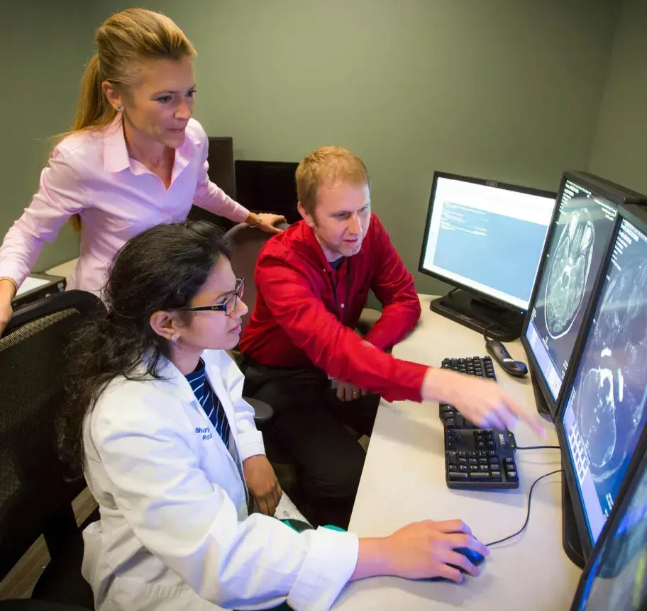 Faculty and students looking through scans on a computer