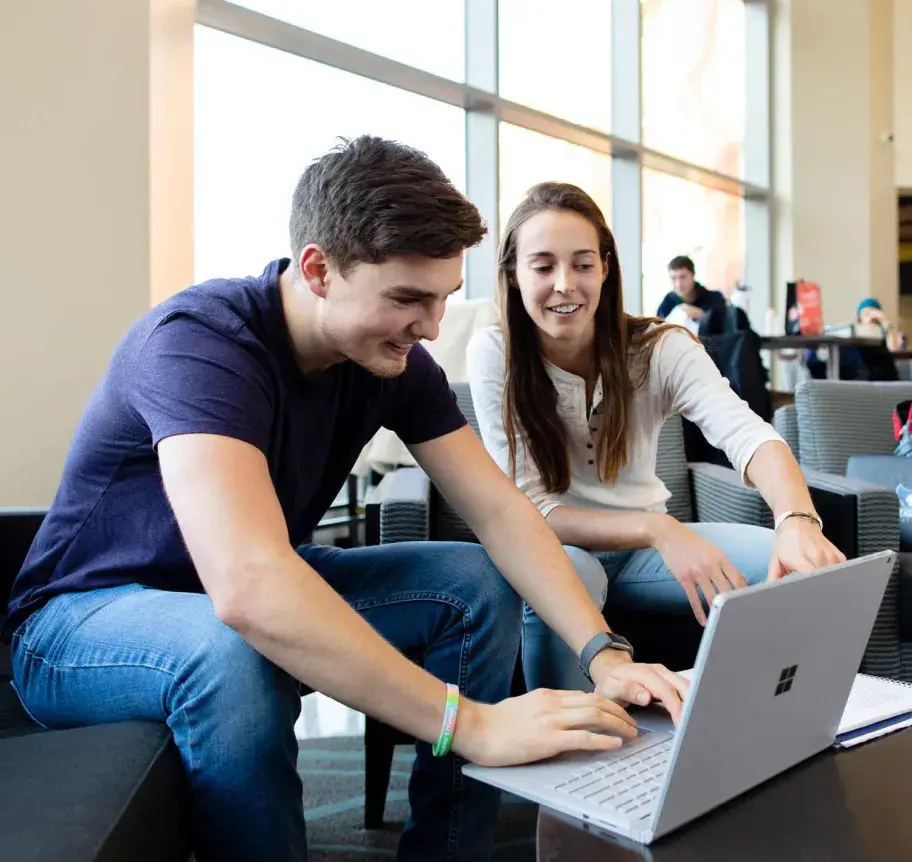Management students working at laptop
