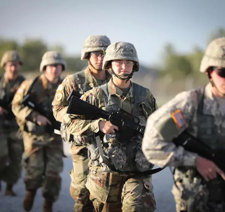 Military science students marching in line
