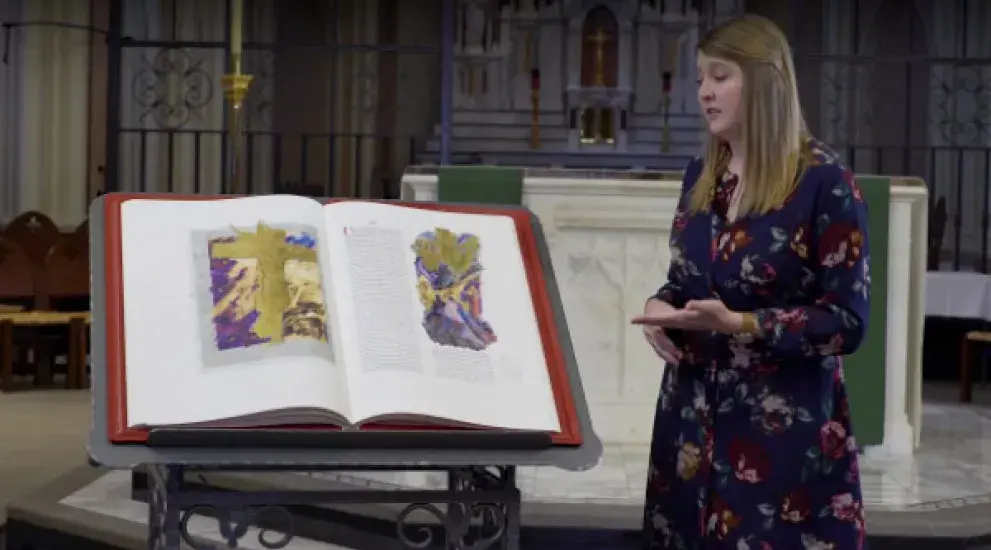 Video thumbnail featuring Beth Samson next to the St. John's Bible