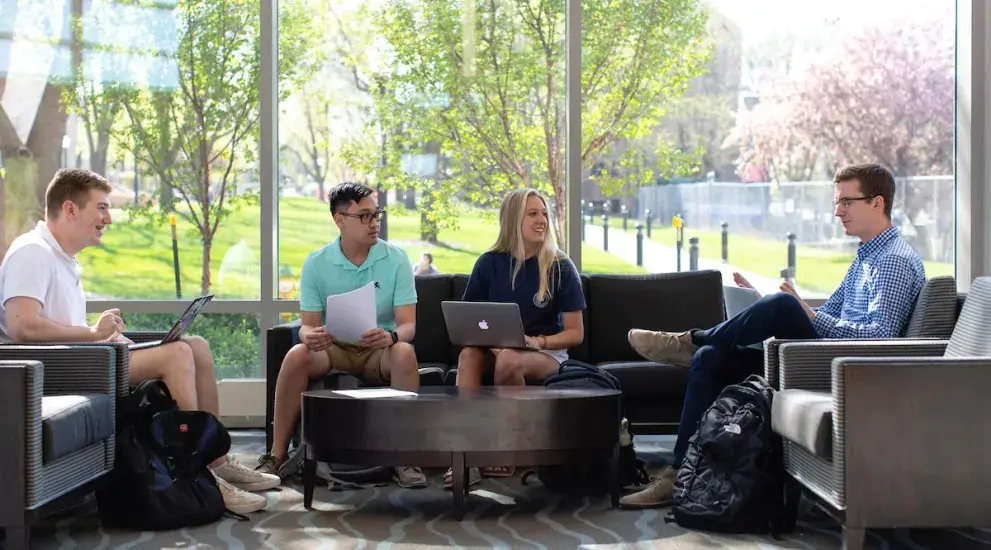 Business students studying inside by bright sunny windows.