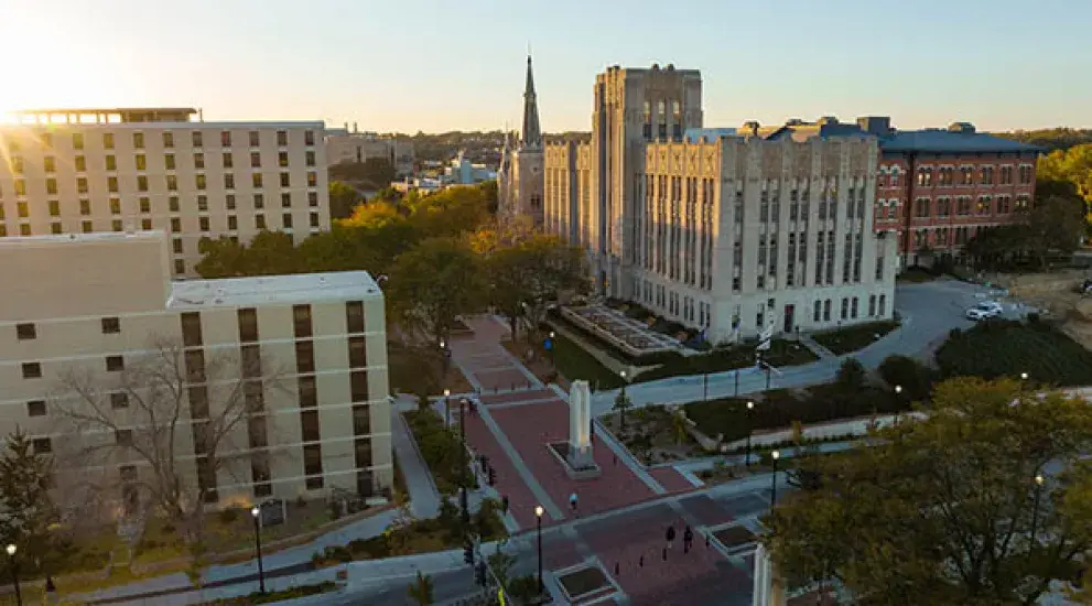 Overhead view of Swanson Hall beside the mall as sun is coming up in morning.