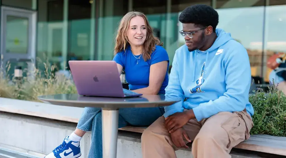 Two students working at laptop