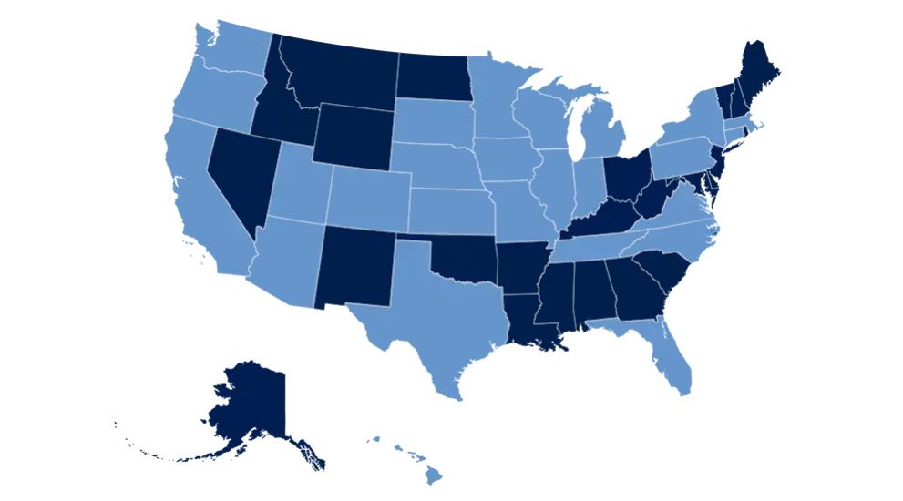 U.S. map with 22 states highlighted