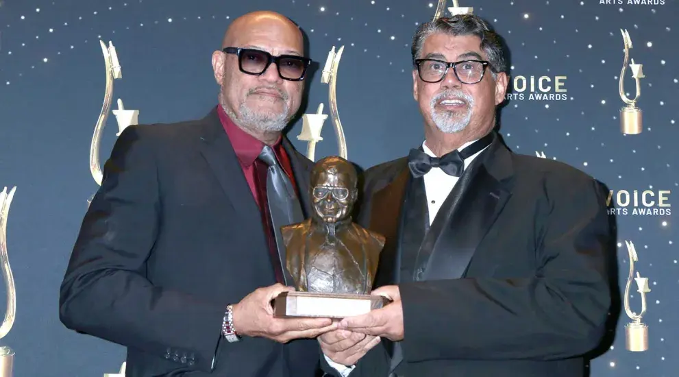 Actor Laurence Fishburne and Creighton artist Littleton Alston with the James Earl Jones Award